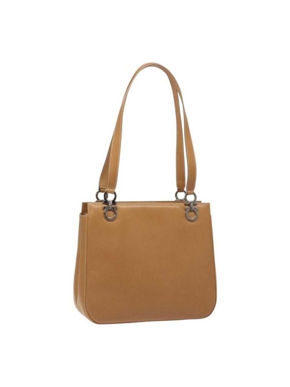 Authentic Salvatore Ferragamo Gancini Shoulder Bag Leather Brown Silver